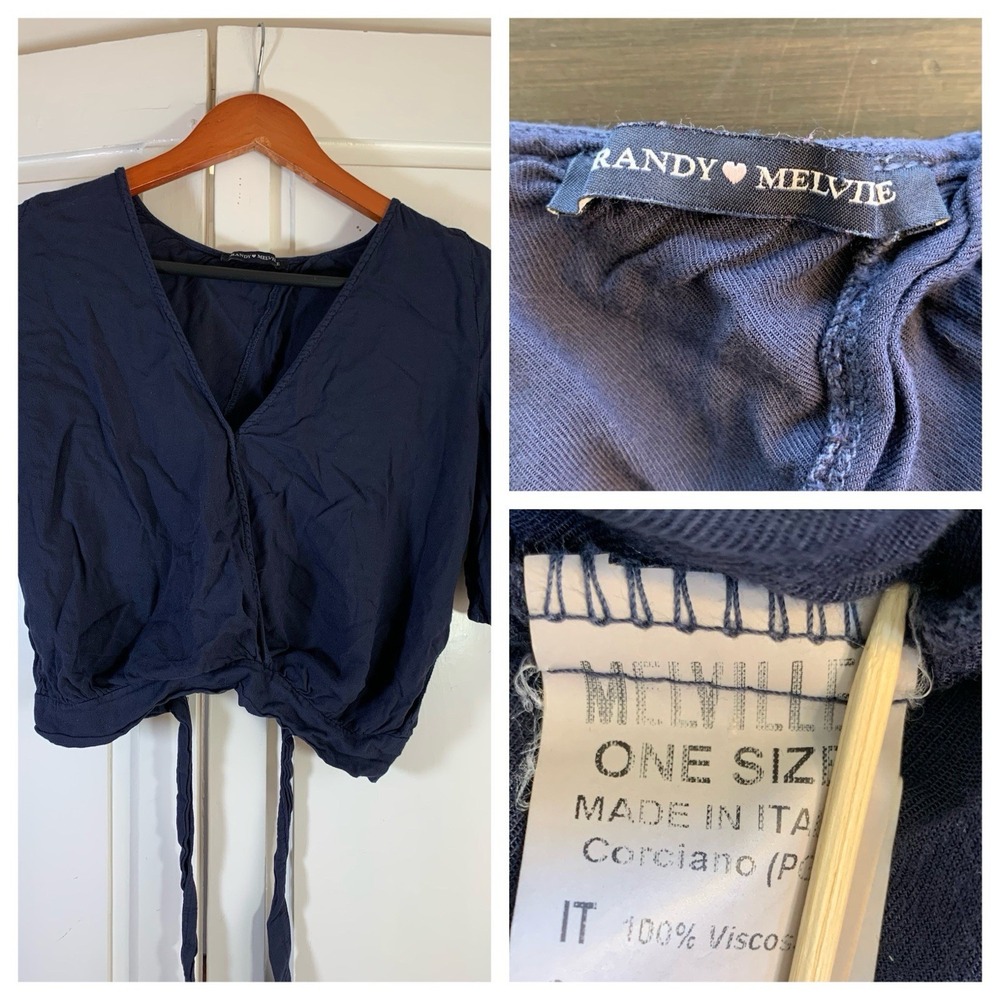 Brandy Melville Faux Wrap Blouse Navy Blue Tie Back Concert Festival Cute Top‎